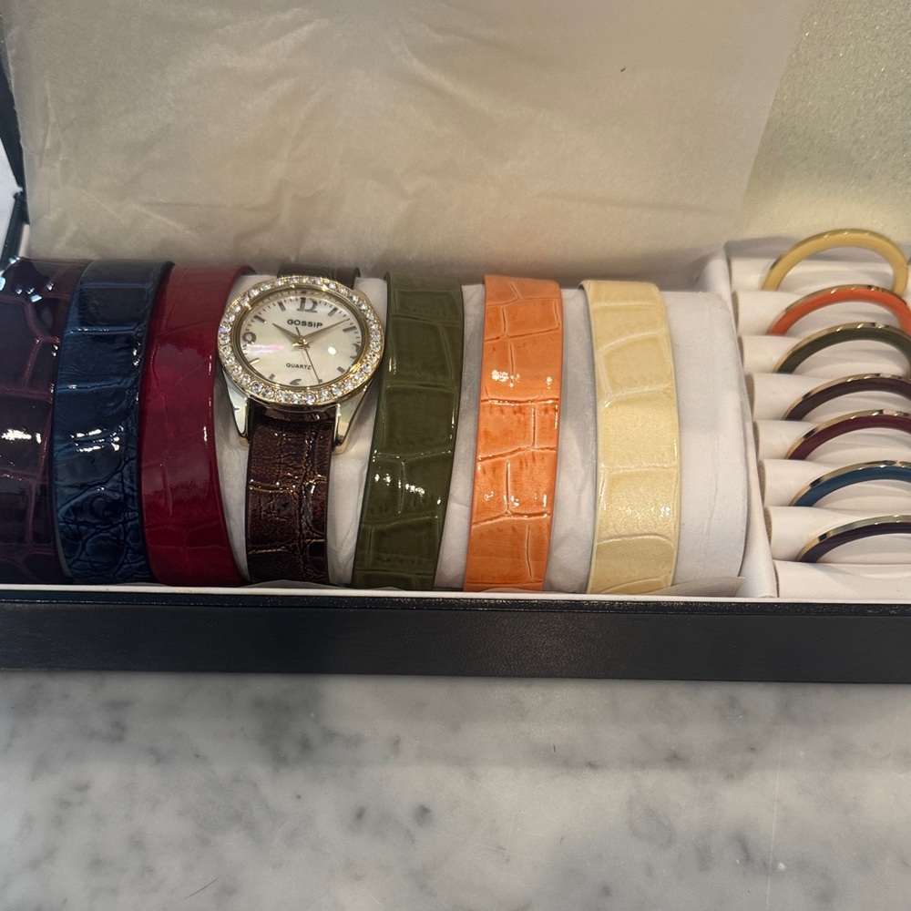 Gossip Crystal-Bezel Watch with Multi-Color Croc Straps
